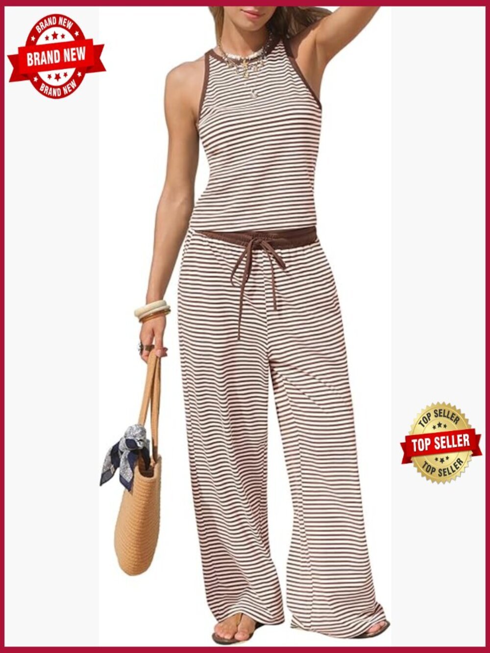 Womens Cotton Striped Halter Top Wide Leg Pant Set Lounge Summer Travel